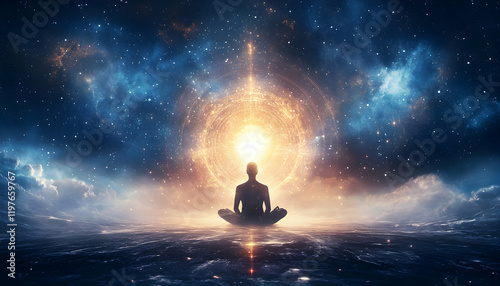 A tranquil cosmic scene where light and darkness merge in perfect harmony, creating a peaceful and balanced atmosphere.