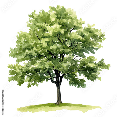 A watercolor illustration of a hickory tree, isolated on a white background. Hickory tree vector.
