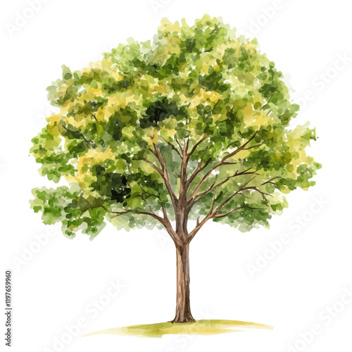 A watercolor illustration of a hickory tree, isolated on a white background. Hickory tree vector.
