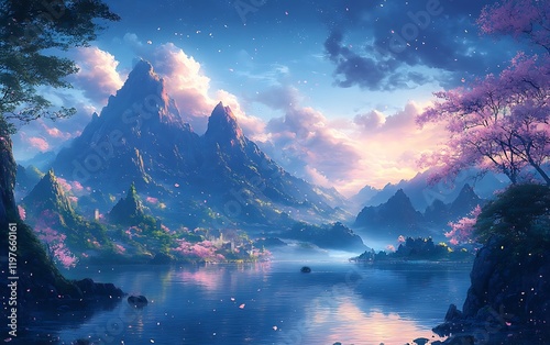 Tranquil Lake View with Cherry Blossoms and Mountains