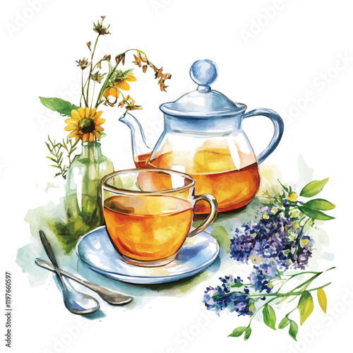 A watercolor drawing of a cup of herbal tea, isolated on a white background. Herbal tea vector.
