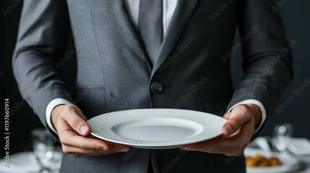 Person in suit presents empty white plate. Person in suit presents empty white plate.