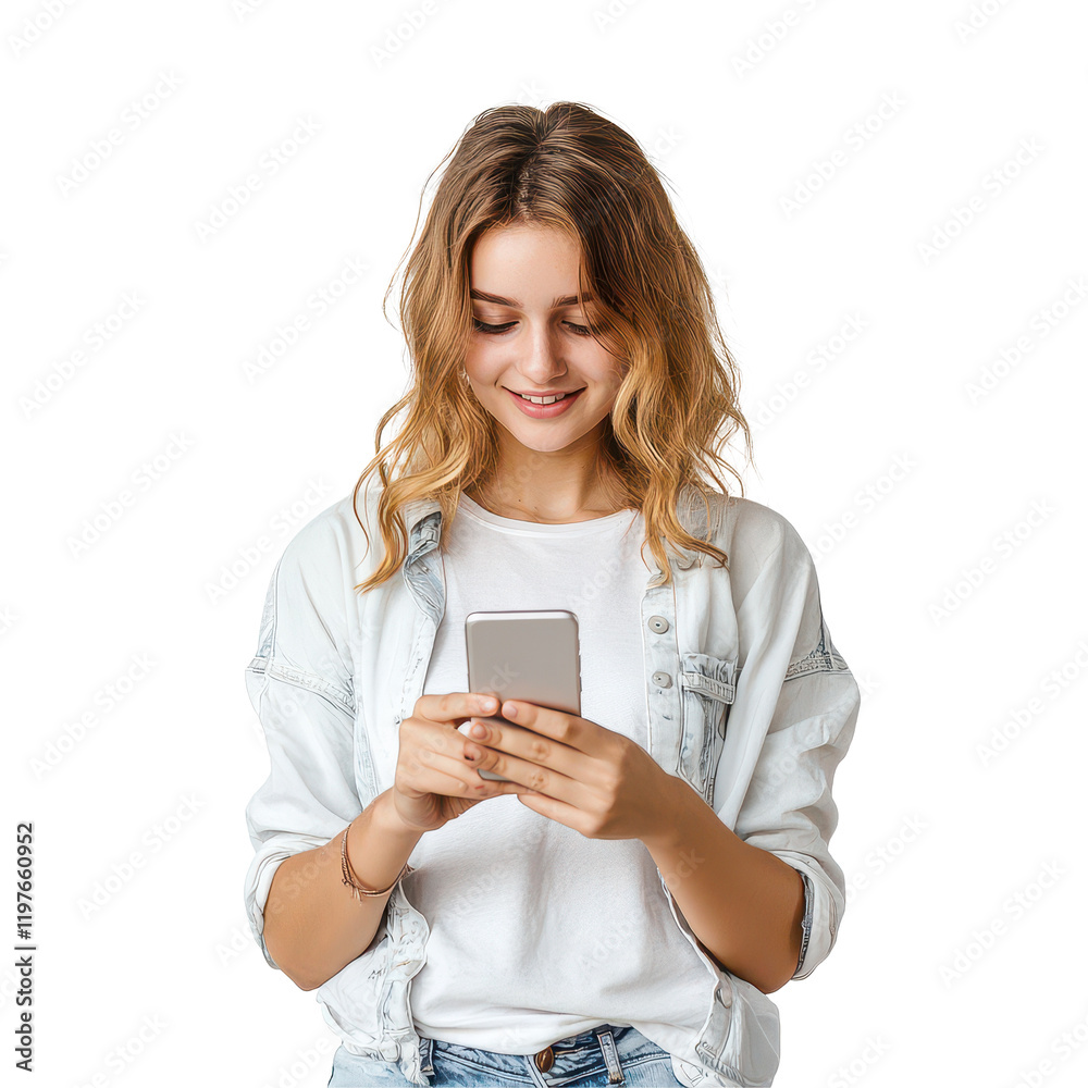 Young woman happily texting on her smartphone while standing against a transparent background in a casual setting, beautiful girl using cell phone isolated on Png, transparent background. Young woman happily texting on her smartphone while standing against a transparent background in a casual setting, beautiful girl using cell phone isolated on Png, transparent background.