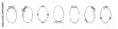 Oval girly ribbon frame set. Coquettish hand drawn cute line doodle border. Romantic wedding, birthday, Valentines day card, bachelorette party, la dolce vita restaurant menu vintage background