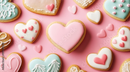 Sweetly adorned cookies rest on a soft pink backdrop, each crafted with love, perfect for celebrating the joys of Valentine's Day.