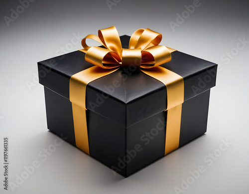 black luxury gift box with golden ribbon onwhite background, Happy Valentine's Day, Valentine's gift photo