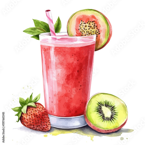 A watercolor painting of a glass of guava strawberry juice, isolated on a white background. Guava strawberry juice vector.
