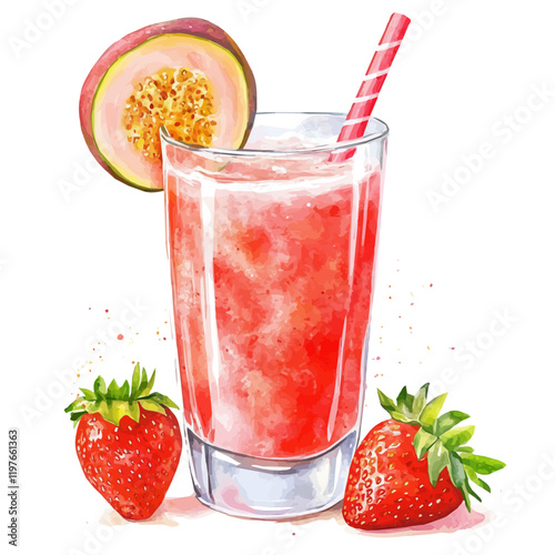 A watercolor painting of a glass of guava strawberry juice, isolated on a white background. Guava strawberry juice vector.
