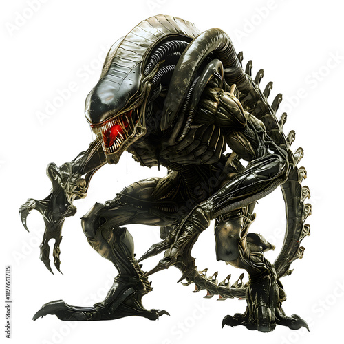 Realistic photography of a bulky alien with armored skin and glowing red eyes, roaring aggressively
