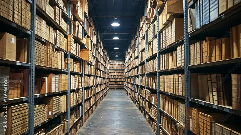 Rows of neatly organized wooden boxes in a large storage facility late in the afternoon Rows of neatly organized wooden boxes in a large storage facility late in the afternoon