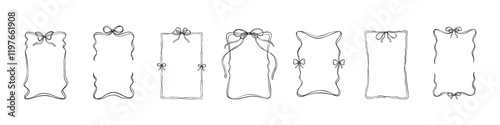 Set of rectangular vertical scroll ribbon frames with cute bows. Menu, bachelorette party, wedding, birthday, Christmas design elements. Coquette stile. Art nouveau motive. Crayon, charcoal drawing