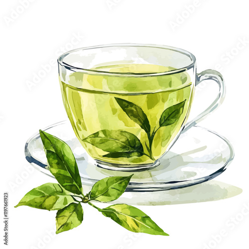 A watercolor vector of a cup of green tea, isolated on a white background. Green tea vector.
