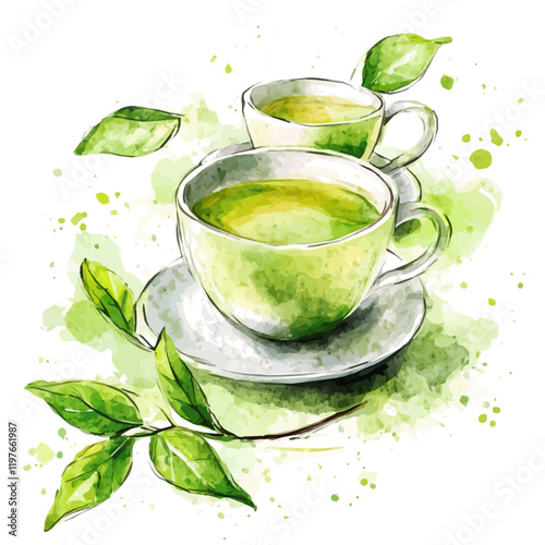 A watercolor vector of a cup of green tea, isolated on a white background. Green tea vector.
