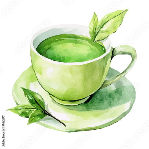 A watercolor drawing of a cup of green tea, isolated on a white background. Green tea vector.
