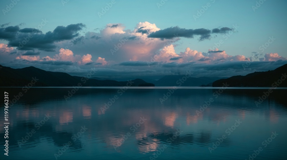Tranquil Lake with Reflected Clouds at Dusk Surrounded by Mountains Tranquil Lake with Reflected Clouds at Dusk Surrounded by Mountains
