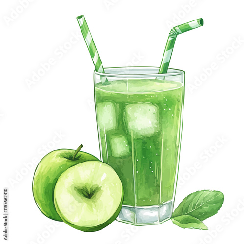 A watercolor of a glass of green apple juice, isolated on a white background. Green apple juice vector.
