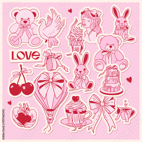 Coquette valentine's day clipart. Cute y2k romantic girly aesthetic stickers set. Vintage elements with crafts Bows, pink ribbon. Contour linear hand drawn vector illustration.