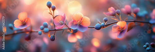 Vibrant cherry blossom branch in soft sunset light
