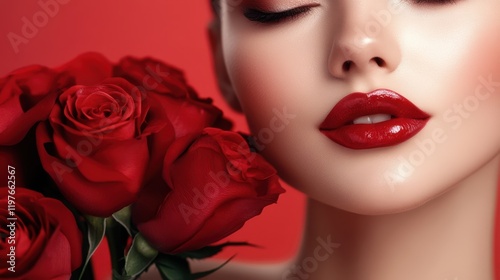 A woman with radiant red lipstick holds a vibrant bouquet of roses, embodying love and romance on this enchanting Valentine's Day celebration.