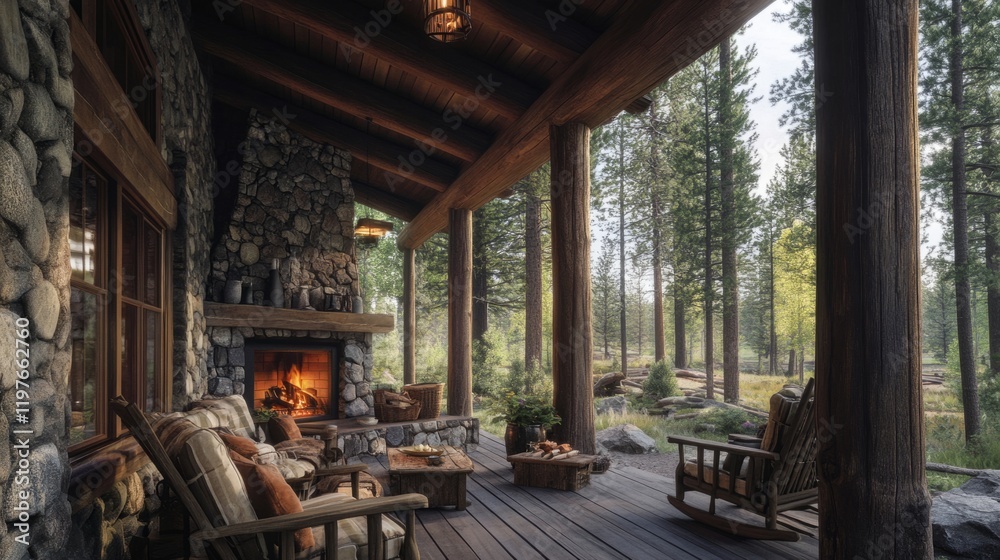 Mountain cabin front porch with rustic wood furniture, stone fireplace and forest view. generative ai Mountain cabin front porch with rustic wood furniture, stone fireplace and forest view. generative ai