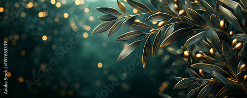 Luxurious golden olive branches on a glittering teal background