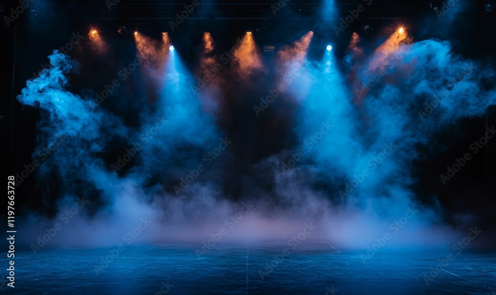 Fototapeta premium Stage lights illuminate smoky, blue-tinged scene.