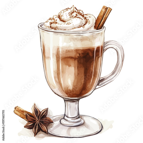 A watercolor vector painting of a Gingerbread Latte, isolated on a white background. Gingerbread Latte vector.

