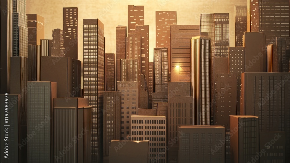 Cardboard cityscape model with varied building sizes and textures Urban scene in warm lighting Architectural design concept Cardboard cityscape model with varied building sizes and textures Urban scene in warm lighting Architectural design concept
