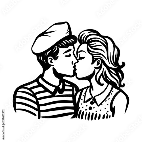 Hand drawn icon of couple french kiss