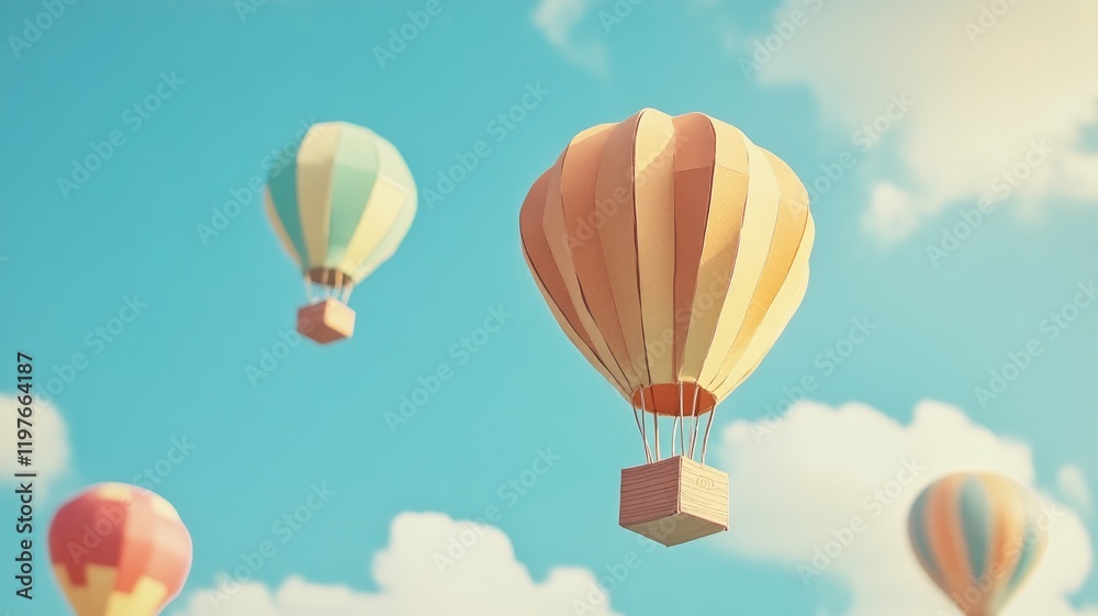 Fototapeta premium Colorful hot air balloons float in clear sky