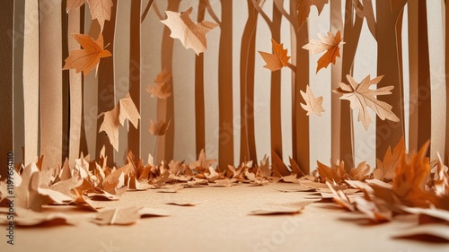 Artistic autumn forest made of paper with falling leaves and tall trees photo