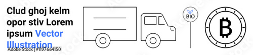 Delivery truck, biodegradable bio sign, bitcoin symbol. Ideal for eco-friendly delivery services, cryptocurrency adoption, digital payments, logistics, blockchain technology, sustainable business