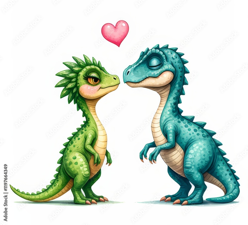 Fototapeta premium Dino Couple in Love - Adorable cartoon dinosaurs, a green and a teal, lovingly gaze at each other, symbolizing affection, companionship, tenderness, prehistoric romance and cuteness.