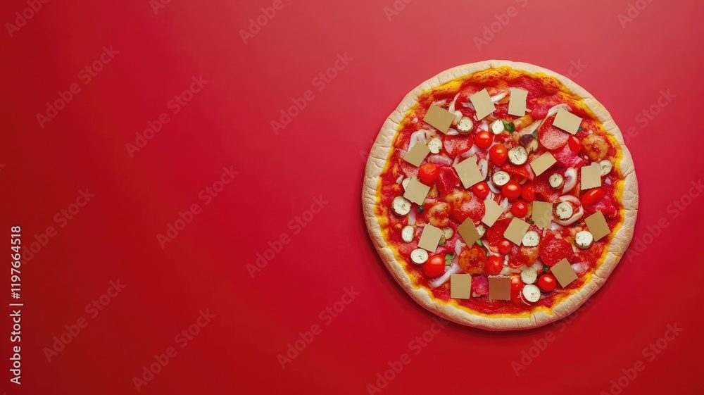 Delicious pizza topped with various ingredients on red background Delicious pizza topped with various ingredients on red background