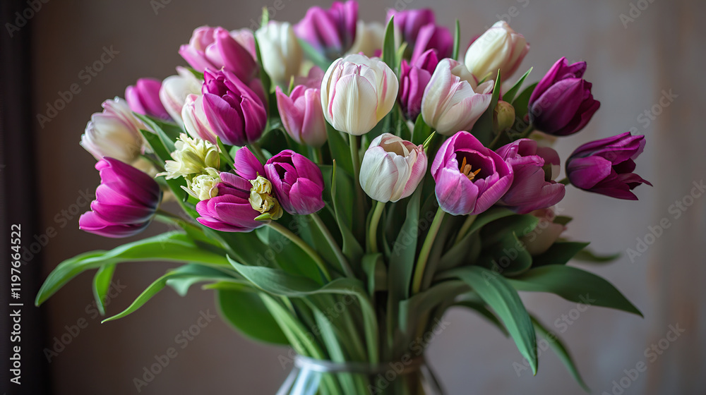 Vibrant Bouquet of Pink and White Tulips in a Glass Vase Vibrant Bouquet of Pink and White Tulips in a Glass Vase