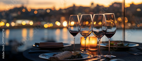 Dining experience with exquisite cuisine and wine overlooking a vibrant harbor view  -