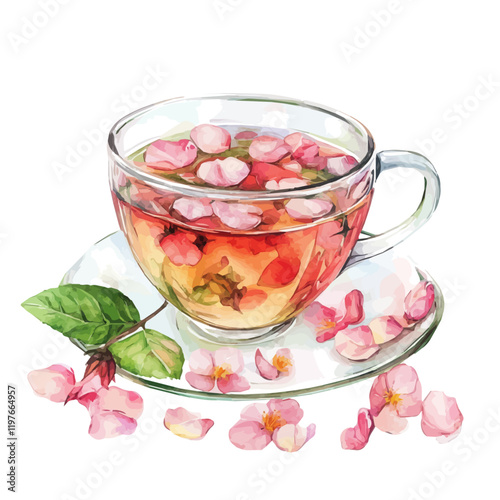 A watercolor vector painting of floral tea with flower petals, isolated on a white background. Floral tea vector.

