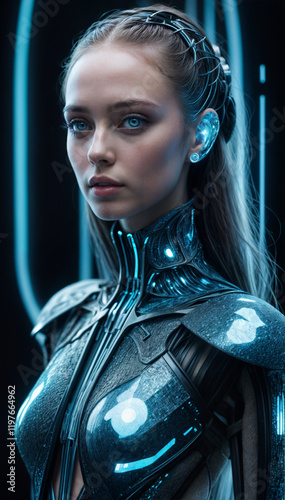 A thoughtful woman in an elegant cybernetic suit with a turquoise biomechanical earphone in her ear and luminous blue eyes photo