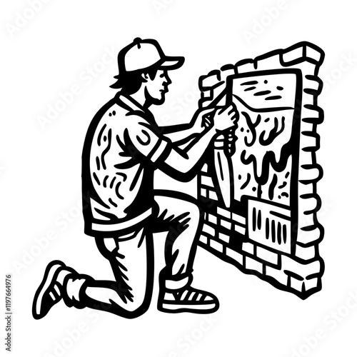 A character doing wall painting icon in doodle style