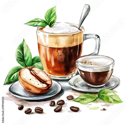 A watercolor vector painting of flavored coffee, isolated on a white background. Flavored coffee vector.

