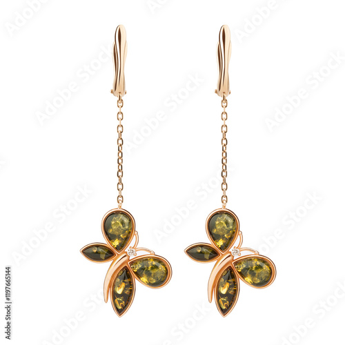 A pair of gold and green earrings with butterfly designs photo