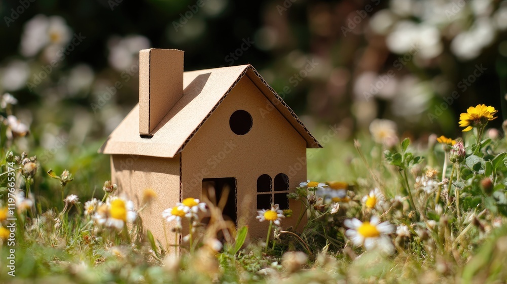 Small cardboard house in field of flowers Small cardboard house in field of flowers