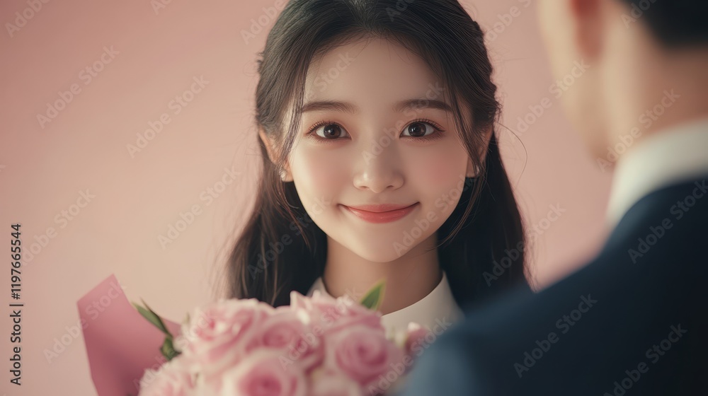 A woman joyfully presents a vibrant bouquet of flowers to a smiling man, celebrating love and connection on a beautiful Valentine's Day. A woman joyfully presents a vibrant bouquet of flowers to a smiling man, celebrating love and connection on a beautiful Valentine's Day.