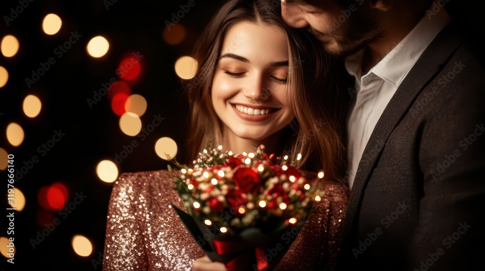 Two lovers gaze into each other's eyes, smiles brightening their faces, as a vibrant bouquet of flowers rests between them, celebrating their affection. Two lovers gaze into each other's eyes, smiles brightening their faces, as a vibrant bouquet of flowers rests between them, celebrating their affection.