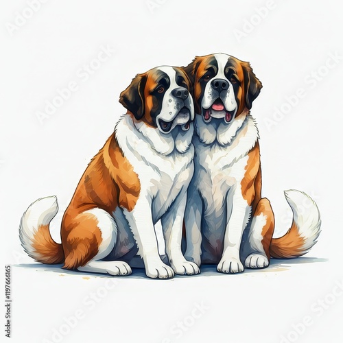 Saint Bernard Duo Portrait - Two Saint Bernards sit side-by-side, showcasing loyalty, companionship, and gentle nature.  Their large size and expressive eyes convey warmth and affection. The image sym photo