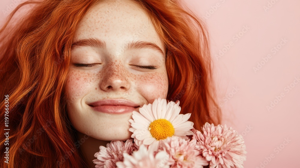 A freckled redhead woman with closed eyes embraces a bouquet of vibrant flowers, radiating warmth and love, perfect for a romantic Valentine's Day moment. A freckled redhead woman with closed eyes embraces a bouquet of vibrant flowers, radiating warmth and love, perfect for a romantic Valentine's Day moment.