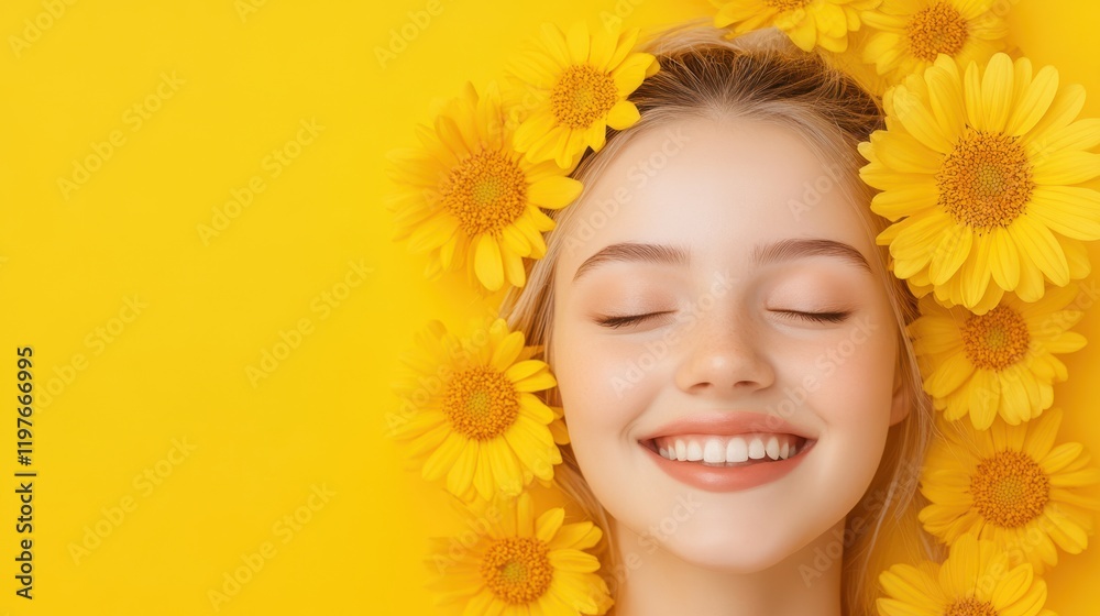 A serene woman with closed eyes, adorned with delicate yellow flowers in her hair, embodies the essence of love and tranquility on Valentine's Day. A serene woman with closed eyes, adorned with delicate yellow flowers in her hair, embodies the essence of love and tranquility on Valentine's Day.