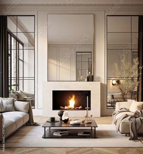 Modern living room with elegant fireplace and stylish interior design
