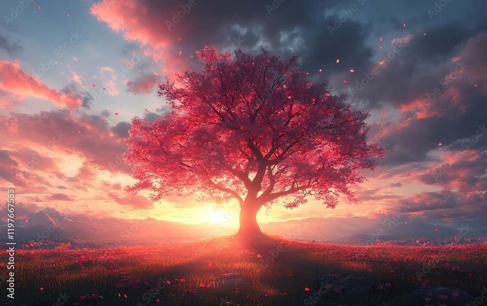 Fototapeta premium Sunrise Valley with Blooming Pink Flowers Digital Art