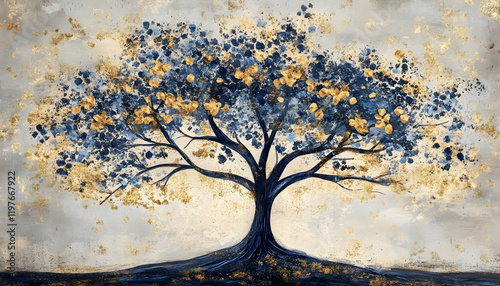 Elegant blue and gold tree artwork displayed against a textured neutral background -